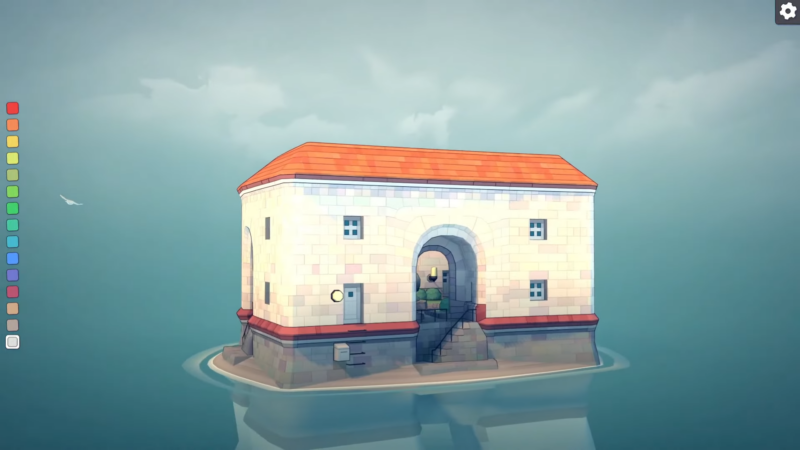 A Townscaper Screenshot Showing a Small Building on An Island Surrounded by Water