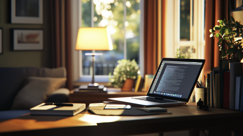 A Home Desk with A Laptop, Books, and A Lamp, Ideal for Freelance Writing