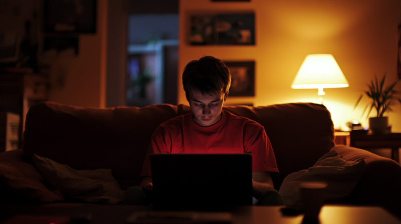 A Person in A Red Shirt Working on A Laptop in A Cozy Room