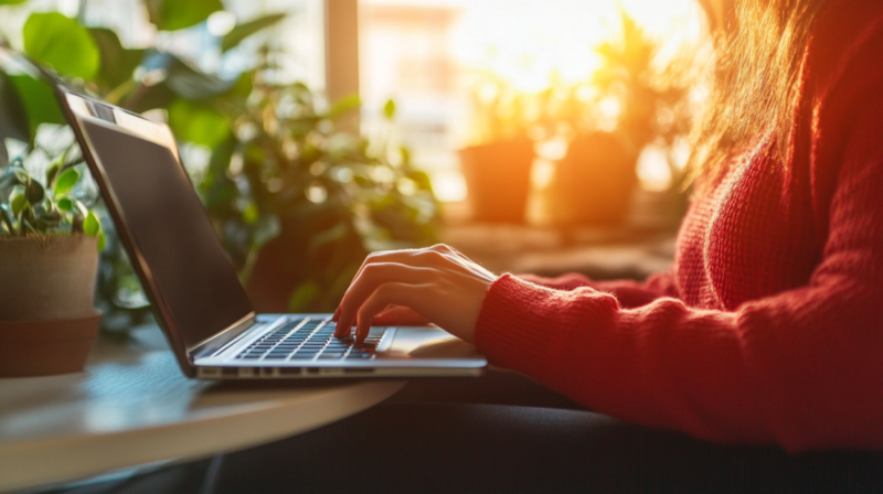 Person in A Red Sweater Using a Laptop