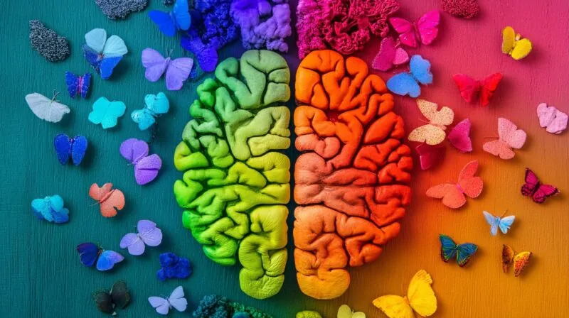 Vibrant illustration of a brain divided into colorful halves surrounded by multicolored butterflies