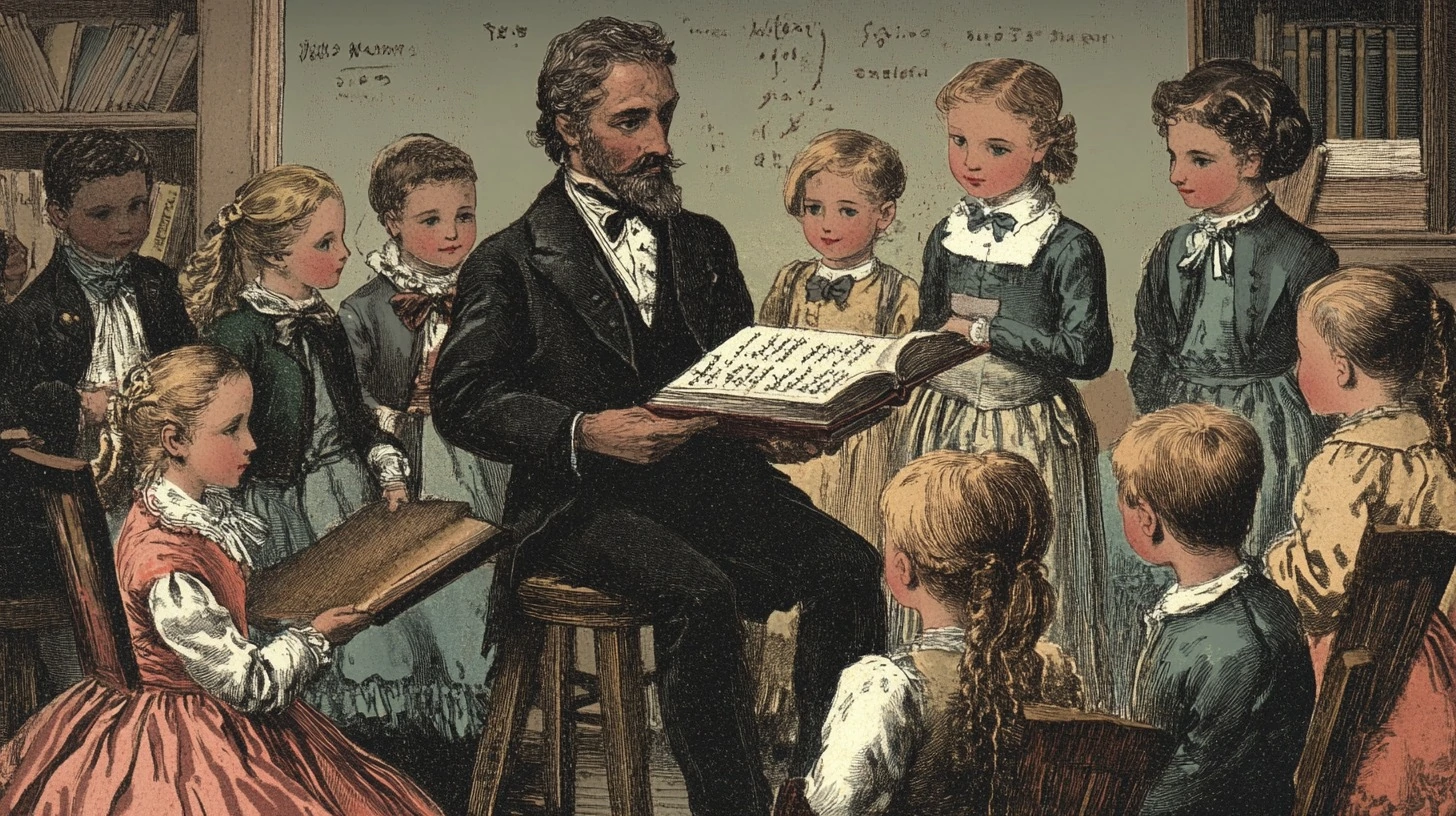 19th-century classroom scene with a teacher reading to a group of children, showcasing the early days of modern schooling